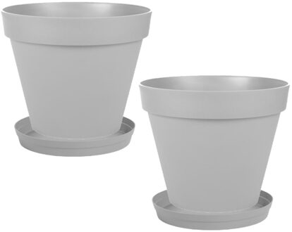 Set van 2x stuks bloempotten Toscane kunststof grijs D30 x H26 cm inclusief onderschalen D23 cm - Plantenpotten