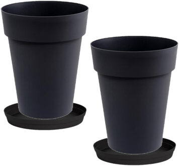 Set van 2x stuks bloempotten Toscane kunststof zwart D44 x H53 cm inclusief onderschalen D35 cm - Plantenpotten