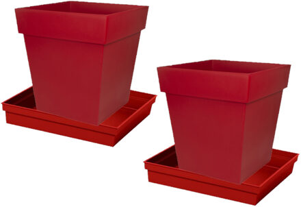 Set van 2x stuks bloempotten Toscane vierkant kunststof rood 32 x 32 x 32 cm inclusief onderschalen - Plantenpotten