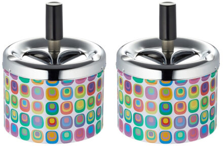 Set van 2x stuks draaiasbakken met retro print en zilveren deksel