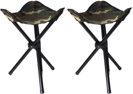 Set Van 2x Stuks Drie Poot Opvouwbare Krukjes Camouflage Leger Groen 40 Cm - Campingkrukjes Multikleur