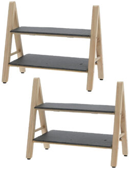 Set van 2x stuks dubbele Leisteen/bamboe serveerplank voor voedsel en hapjes 32 x 17 x 26 cm - Kaasplankjes Grijs