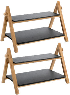 Set van 2x stuks dubbele Leisteen/bamboe serveerplank voor voedsel en hapjes 40 x 25 x 27 cm - Kaasplankjes Grijs