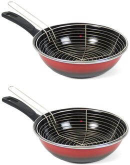 Set van 2x stuks emaille friteuse/frituurpan voor alle hittebronnen rood 26 cm - Frituurpannen