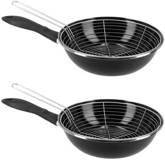 Set van 2x stuks emaille friteuse/frituurpan voor alle hittebronnen zwart 26 cm - Frituurpannen