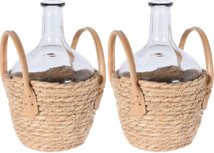 Set van 2x stuks flesvaas glas transparant met gevlochten rieten mand 18 x 27 cm - Vazen