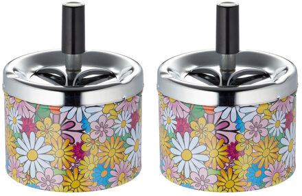 Set van 2x stuks gebloemde draaiasbakken met zilveren deksel