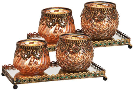 Set van 2x stuks glazen design windlicht/kaarsenhouder 2x stuks set in het champagne goud 20 x 9 x 1