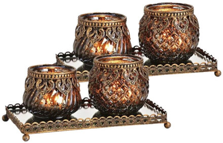 Set van 2x stuks glazen design windlicht/kaarsenhouder 2x stuks set in het zwart goud 20 x 9 x 10 cm - Waxinelichtjeshou