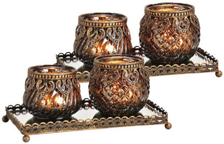 Set van 2x stuks glazen design windlicht/kaarsenhouder 2x stuks set in het zwart goud 20 x 9 x 10 cm