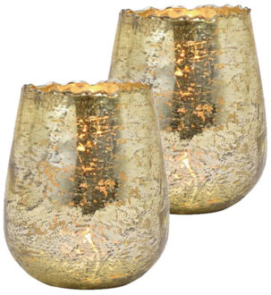 Set van 2x stuks glazen design windlicht/kaarsenhouder champagne goud 12 x 15 x 12 cm - Waxinelichtjeshouders Goudkleurig