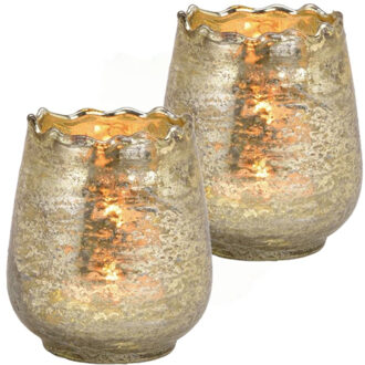 Set van 2x stuks glazen design windlicht/kaarsenhouder champagne goud 8 x 9 x 8 cm - Waxinelichtjeshouders Goudkleurig