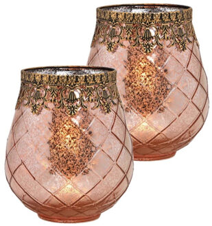 Set van 2x stuks glazen design windlicht/kaarsenhouder rose goud 16 x 18 x 16 cm - Waxinelichtjeshouders Roze