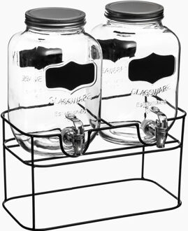 Set van 2x stuks glazen drank dispensers 4 liter in houder met kunststof kraantje en krijt sticker