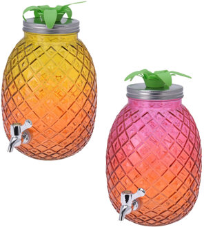 Set van 2x stuks glazen drank dispensers ananas roze/oranje en geel/oranje 4,7 liter