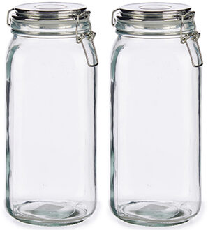 Set van 2x stuks glazen luxe keuken voorraadpotten/voorraadbussen met klepdeksel zilver 2100 ml - Voorraadpot Transparant