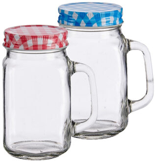 Set van 2x stuks glazen Mason Jar drinkbekers/drinkpotjes met gekleurde dop 430 ml