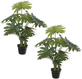 Set Van 2x Stuks Groene Gatenplant Philodendron Selloum Kunstplanten In Zwarte Kunststof Pot 55 Cm - Kunstplanten