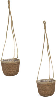 Set Van 2x Stuks Hangende Plantenpot/bloempot Van Jute/zeegras Dia 17 Cm En Hoogte 14 Cm Camel Bruin - Plantenpotten