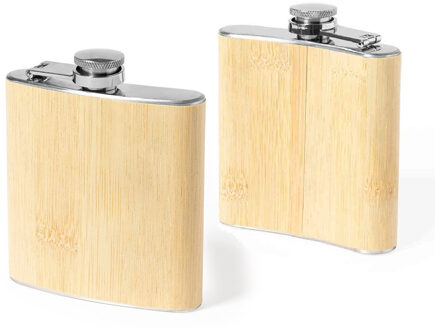 Set van 2x stuks heupfles/drank zakfles - bamboe hout/RVS - 200 ml