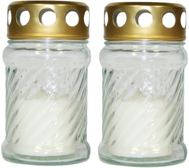Set van 2x stuks horror decoratie grafkaars/gedenklicht met deksel wit 7 x 12 cm 10 uren brandtijd - Kaarsen