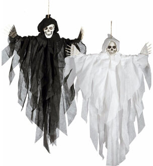 Set van 2x stuks horror hangdecoratie spook/geest pop zwart en wit 75 cm