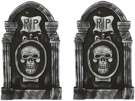 Set van 2x stuks horror kerkhof decoratie grafsteen RIP met schedel 50 x 30 cm
