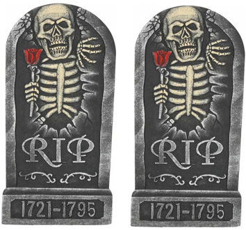 Set van 2x stuks horror kerkhof decoratie grafsteen RIP skelet met roos 32 x 65 cm