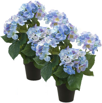 Set van 2x stuks hortensia kunstplant in kunststof pot - blauw - 40 cm - Hydrangea Macrophylla - Kunstplanten Multikleur