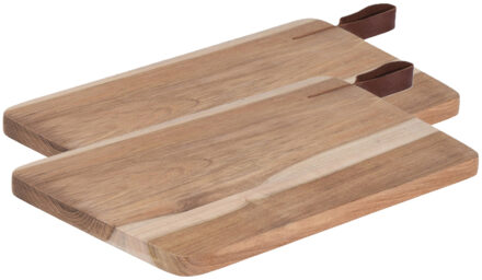 Set van 2x stuks houten snijplanken/serveerplanken met leren hengsel 30 cm - Snijplanken Bruin