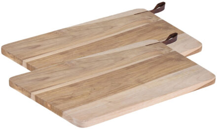 Set van 2x stuks houten snijplanken/serveerplanken met leren hengsel 40 cm - Snijplanken Bruin