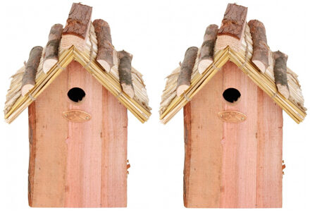 Set van 2x stuks houten vogelhuisjes met rieten dakje 18x27 cm