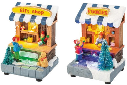Set van 2x stuks Kerstdorp cadeau winkel en koekjes winkel met verlichting 11 cm