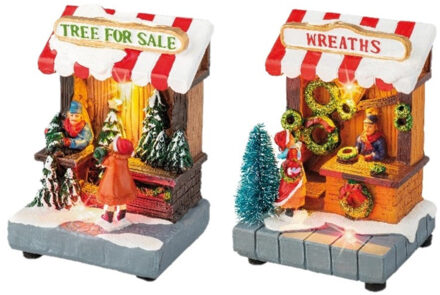 Set van 2x stuks Kerstdorp kerstbomen winkeltje en kransen winkeltje met verlichting 11 cm - Kerstdorpen Multikleur