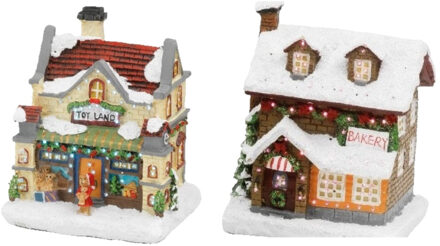 Set van 2x stuks Kerstdorp kersthuisjes bakkerij en speelgoedwinkel met verlichting 12,5 cm