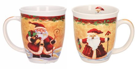 Set van 2x stuks kerstmokken kerstman met kerstsok en kerstman met cadeautjes 11 cm