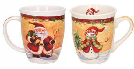 Set van 2x stuks kerstmokken sneeuwpop met rode muts en kerstman met cadeautjes 11 cm