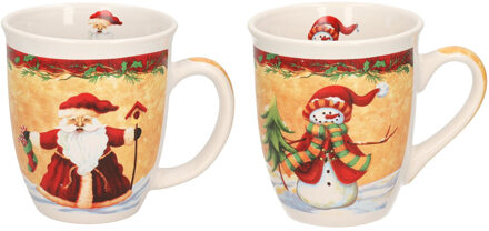 Set van 2x stuks kerstmokken sneeuwpop met rode muts en kerstman met kerstsok 11 cm