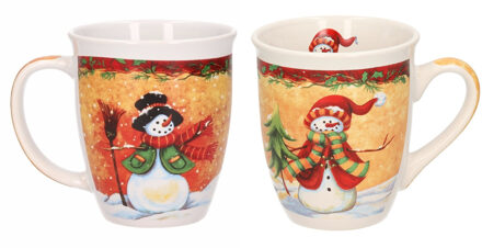 Set van 2x stuks kerstmokken sneeuwpop met rode muts en sneeuwpop met zwarte hoed11 cm