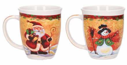 Set van 2x stuks kerstmokken sneeuwpop met zwarte hoed en kerstman met cadeautjes 11 cm