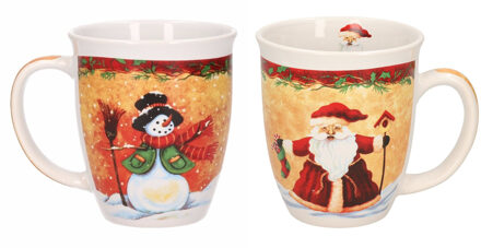Set van 2x stuks kerstmokken sneeuwpop met zwarte hoed en kerstman met kerstsok 11 cm