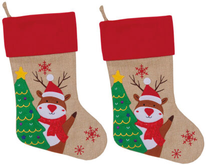 Set van 2x stuks kerstsok beige/rood met rendier print 46 cm