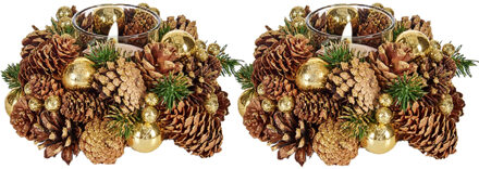 Set van 2x stuks kerststukjes/theelichthouders goud 18 cm incl. waxinelichtjes - Waxinelichtjeshouders Bruin