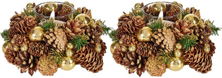 Set van 2x stuks kerststukjes/theelichthouders goud 18 cm incl. waxinelichtjes