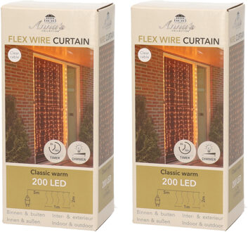 Set van 2x stuks kerstverlichting deurgordijn/gordijnverlichting met 200 lampjes warm wit 100 x 200 - Lichtsnoeren