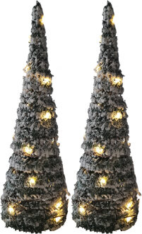 Set van 2x stuks kerstverlichting figuren Led kegel kerstboom groen besneeuwd 60 cm - kerstverlichting figuur