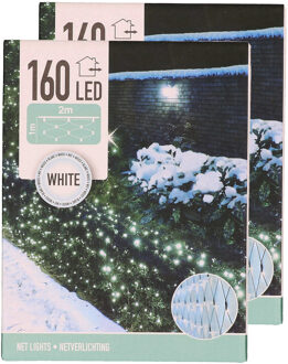 Set van 2x stuks kerstverlichting lichtnetten/netverlichting 200 x 100 cm helder wit - Kerstverlichting lichtgordijn