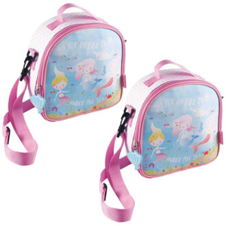 Set van 2x stuks kleine koeltassen voor lunch wit/roze met zeemeerminnen print 9 x 22 x 22 cm 4 l