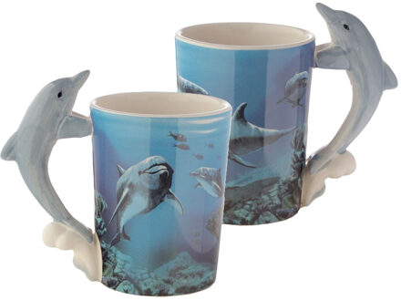 Set van 2x stuks koffie drink mok dolfijn thema print 250 ML - Bekers Multikleur
