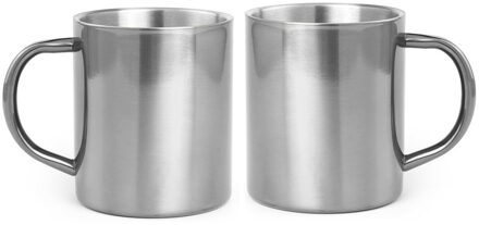 Set Van 2x Stuks Koffie Drinkbekers/mokken Zilver Metallic Rvs 280 Ml - Bekers Zilverkleurig